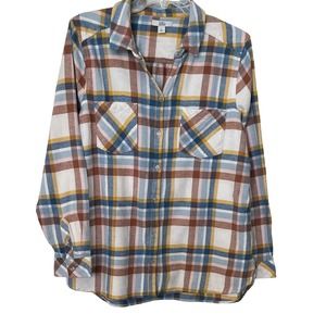 CROFT & BARROW LONG SLEEVE FLANNEL SHIRT, WOMENS, L, BLUE BRN PINK YELLOW PLAID